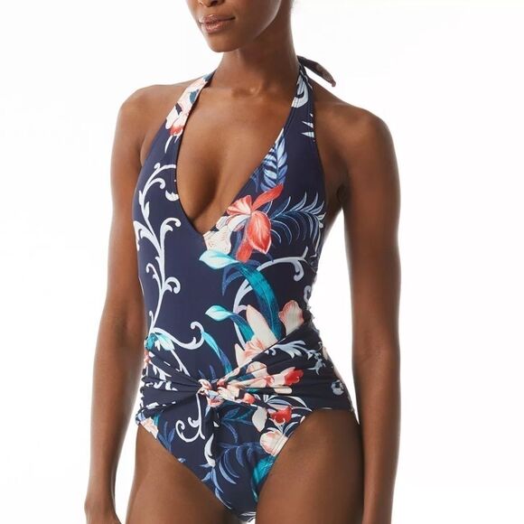 CARMEN MARC VALVO Women's Floral-Print V-Neck Halter One-Piece Swimsuit swim 14 - Picture 8 of 11